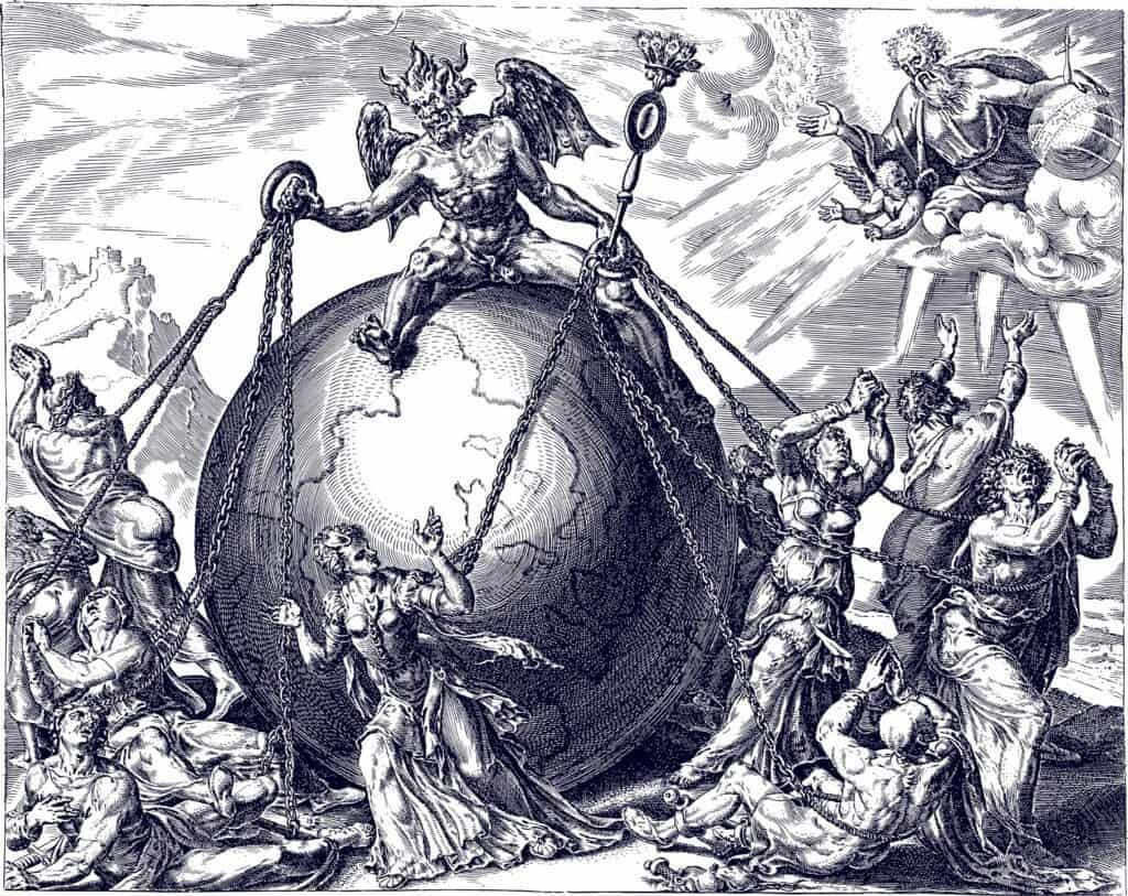 Population Control: Devil sitting on top of globe and controlling holding people's necks by chains.