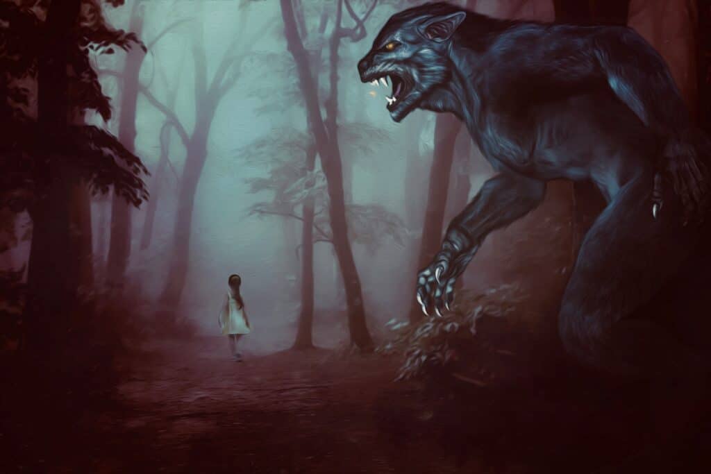 Huge werewolf stalking a little girl in the forest. Stranger Danger. 