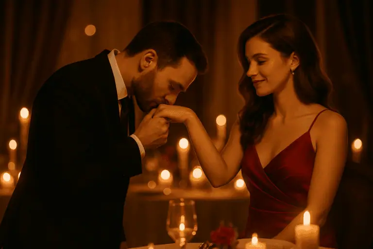 A romantic, candlelit moment as a man bows to kiss a woman’s hand, illustrating why do men kiss women on the hand.