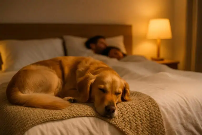 why do dogs sleep at the foot of the bed? golden retriever curled at the foot of a cosy bed while owners sleep in the background