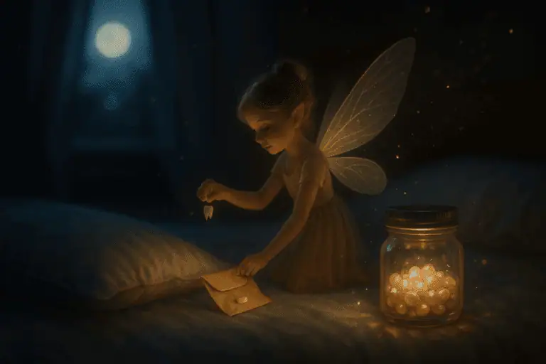Why do tooth fairies collect teeth? A glowing tooth fairy lifts a tiny tooth from under a pillow beside a sparkling jar at night.