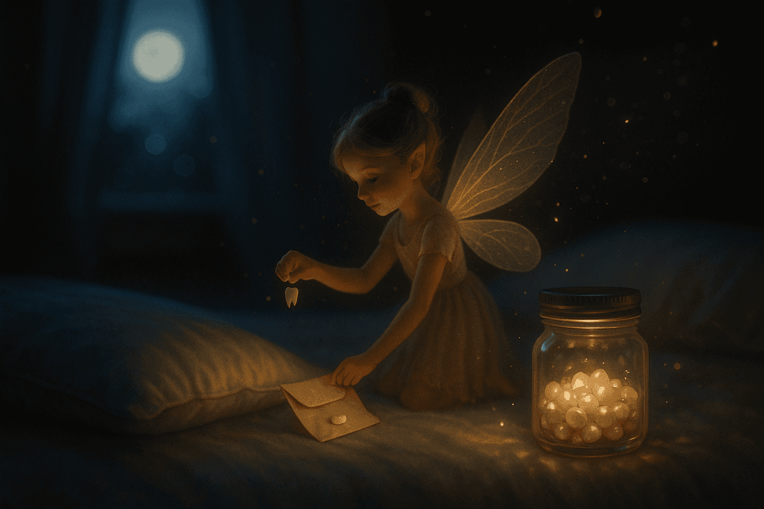 Why do tooth fairies collect teeth? A glowing tooth fairy lifts a tiny tooth from under a pillow beside a sparkling jar at night.