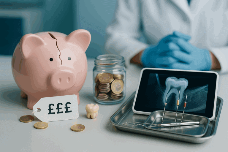 why is a root canal so expensive? dental x-ray, endodontic files, and a cracked piggy bank with pound coins on a clinic desk.
