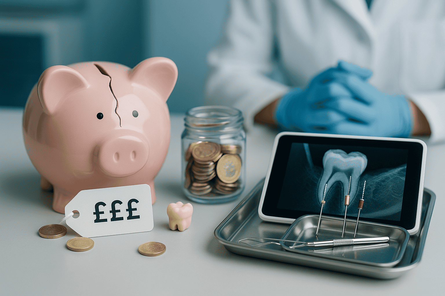 why is a root canal so expensive? dental x-ray, endodontic files, and a cracked piggy bank with pound coins on a clinic desk.
