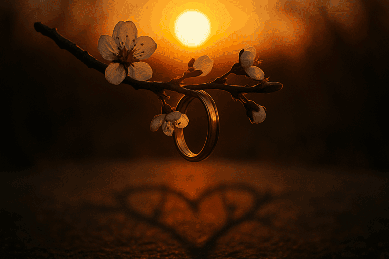 Gold wedding ring hanging from a blossomed branch at sunset, casting a heart-shaped shadow on the ground.