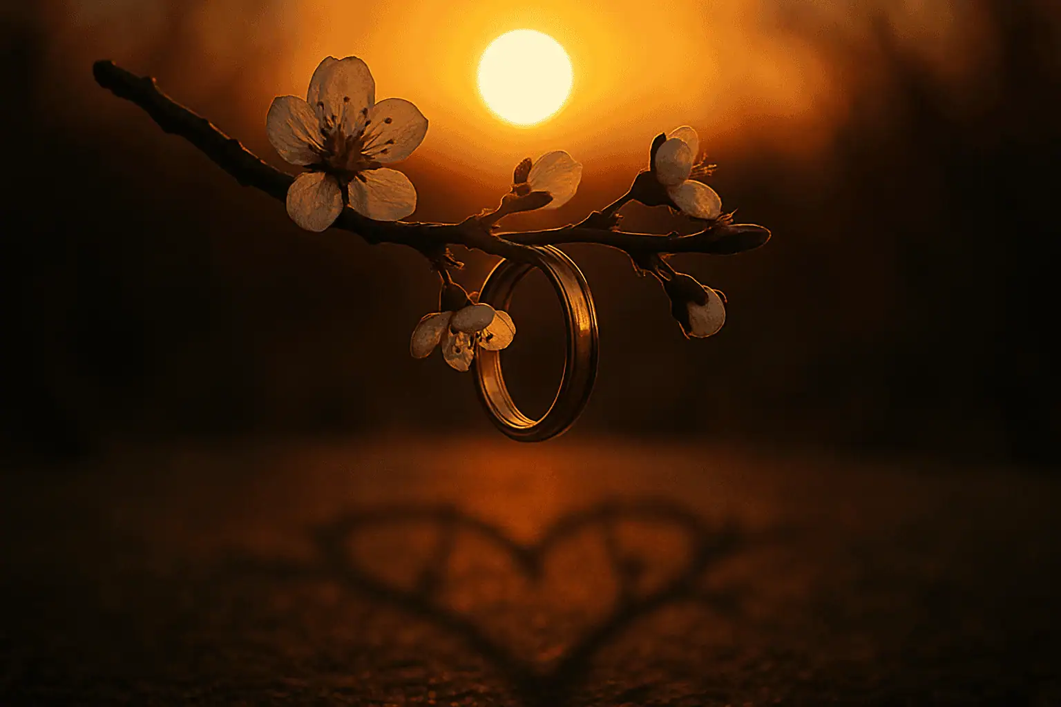 Gold wedding ring hanging from a blossomed branch at sunset, casting a heart-shaped shadow on the ground.