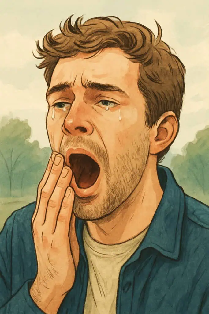 close-up of man with tears mid-yawn