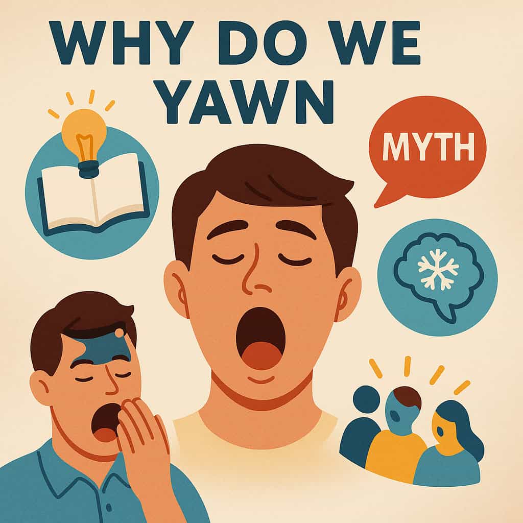 Infographic with yawning person, myth speech bubble, lightbulb book, brain cooling icon, and group of people