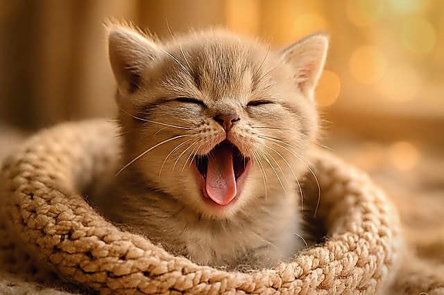 Close-up of a sleepy kitten mid-yawn in warm light, illustrating “why do we yawn” and how yawns can be contagious.