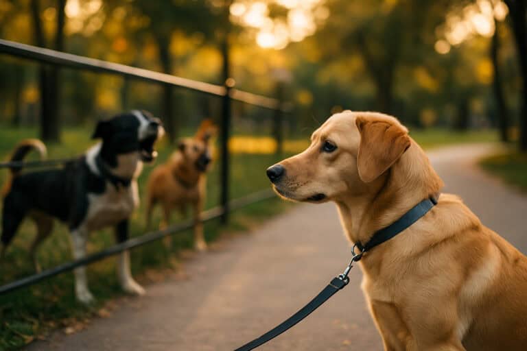 Leashed dog looking at two barking dogs behind a fence during a park walk — visual for ‘Why do dogs bark at my dog