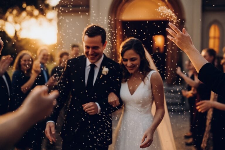 why do they throw rice at wedding—golden hour exit with newlyweds walking through a shower of rice, guests’ hands tossing grains in warm light