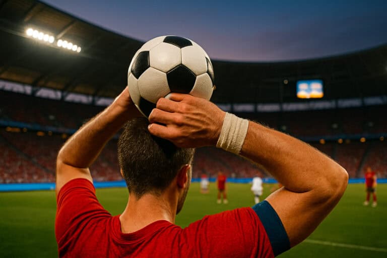 Over-the-shoulder shot of a footballer taking a throw-in in a full stadium, with white wrist tape prominently in focus—why do footballers wear wrist tape?
