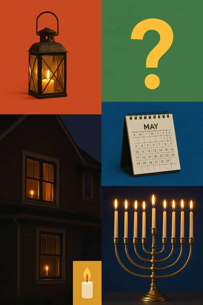 Lantern, calendar, menorah, candlelit house