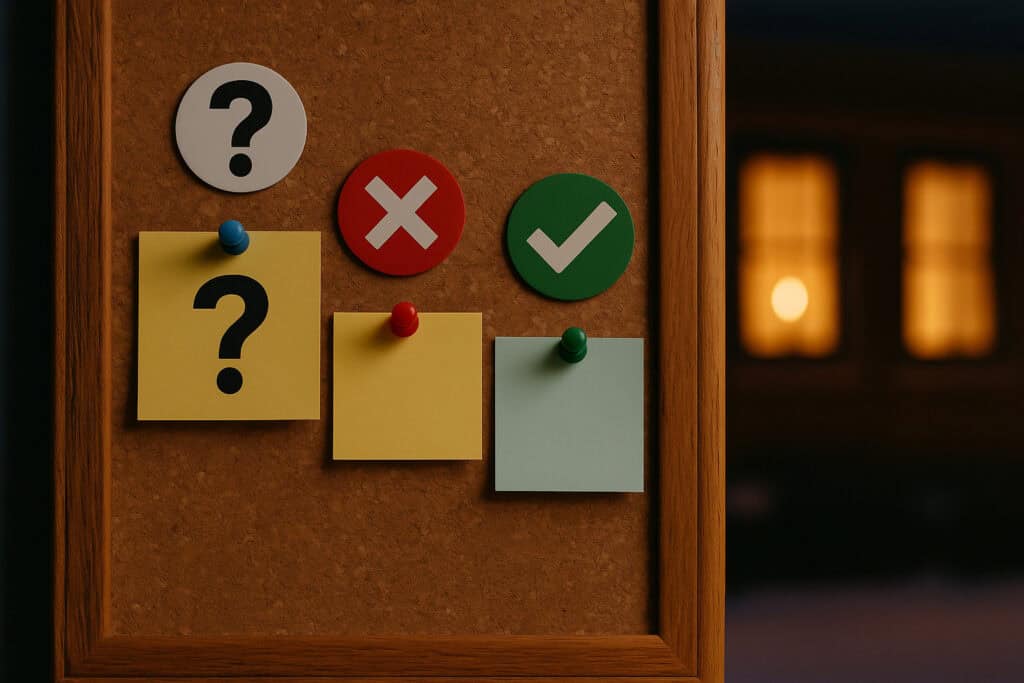 Cork board with check and question icons.
