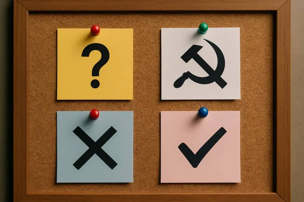 Cork board with question, check, cross, hammer-sickle notes.