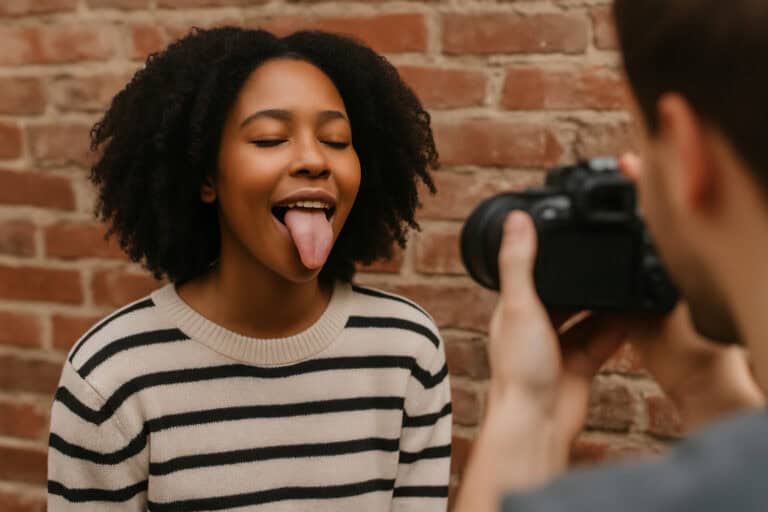 Woman sticking her tongue out to camera