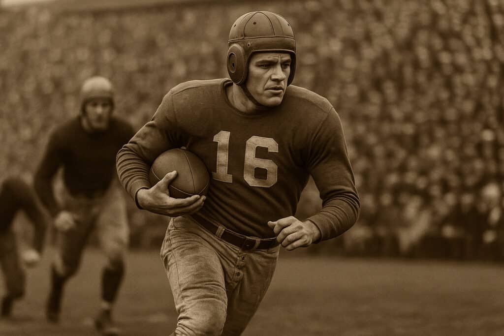 Vintage football player with early sideline towel — why do football players wear towels? (history)