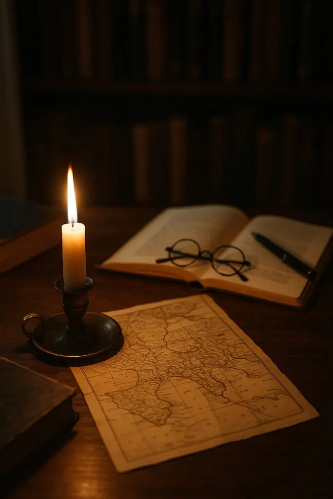 Candle, old map, open book.