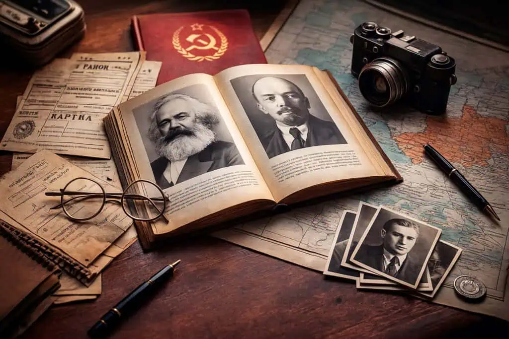 Open book with Marx and Lenin portraits