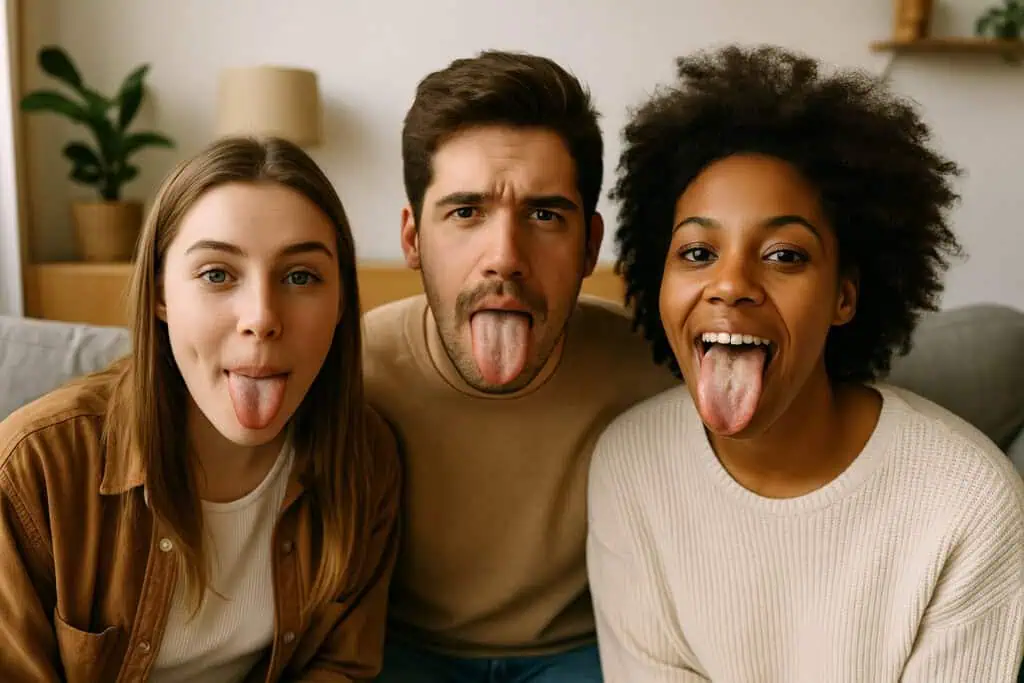 Three friends sticking their tongues out