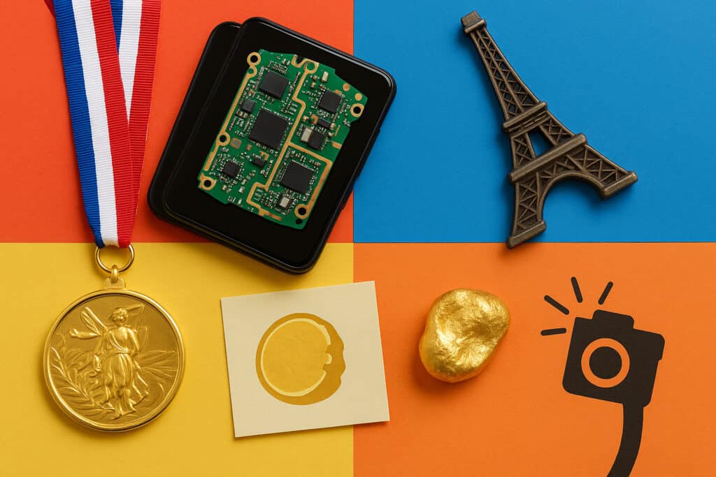 Medal, circuit boards, Eiffel fragment, gold nugget.