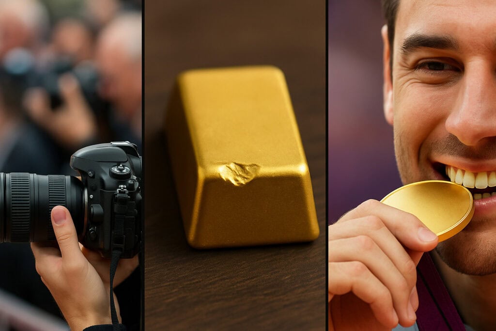 Camera, dented gold bar, medal bite.