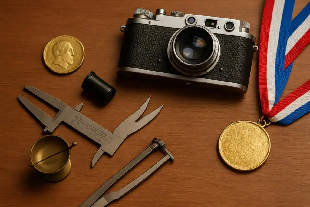 Ancient coin, ribbon medal, film camera.