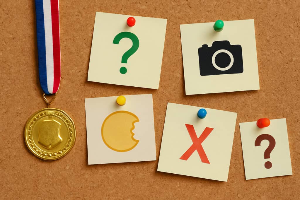 Corkboard with medal and icon pins.