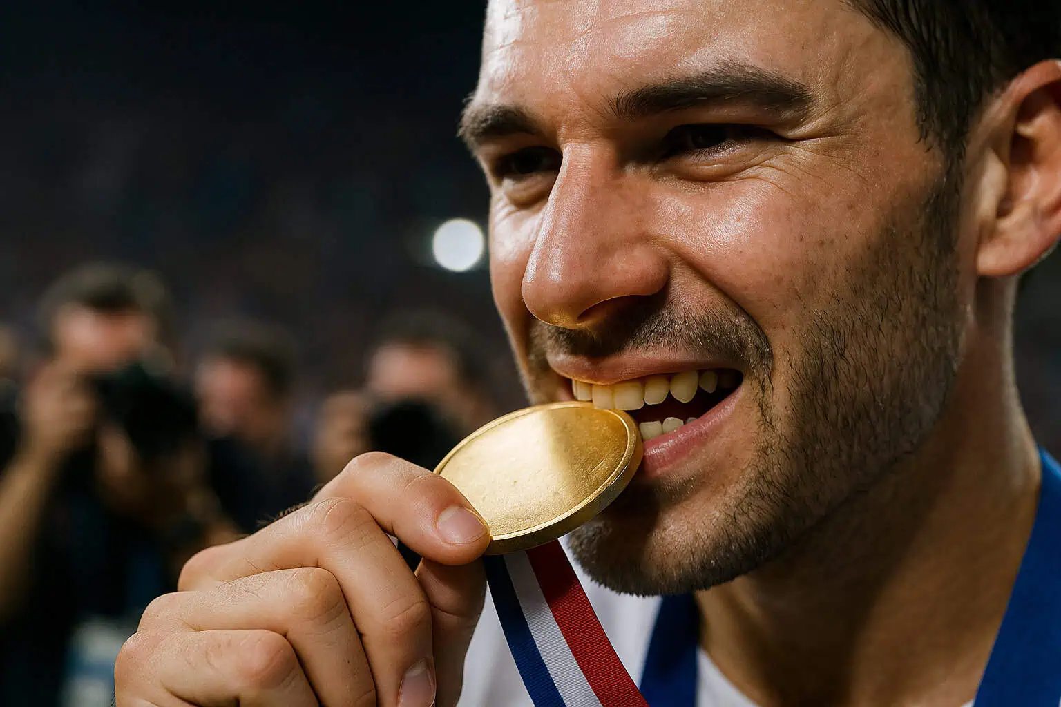 Gold medal between athlete’s teeth.