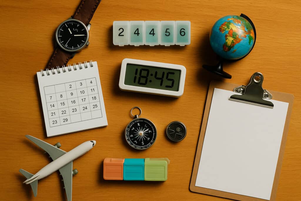 Digital clock, globe, airplane, compass.