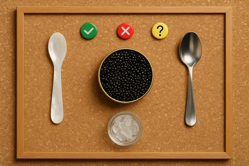 Corkboard with spoons and caviar