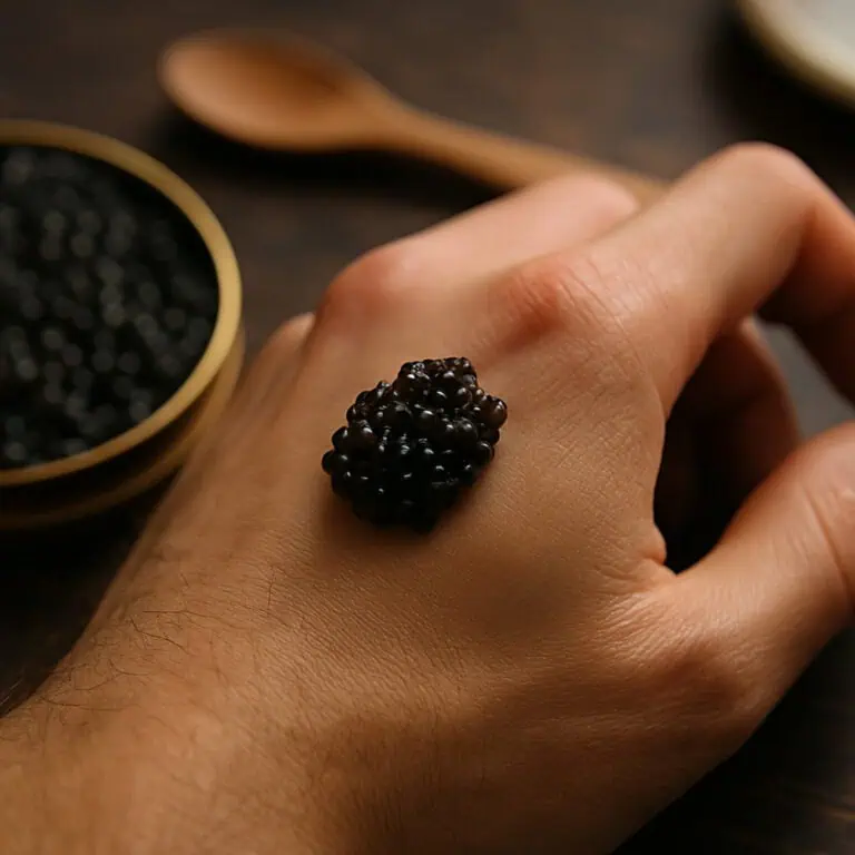 Black caviar on back of hand