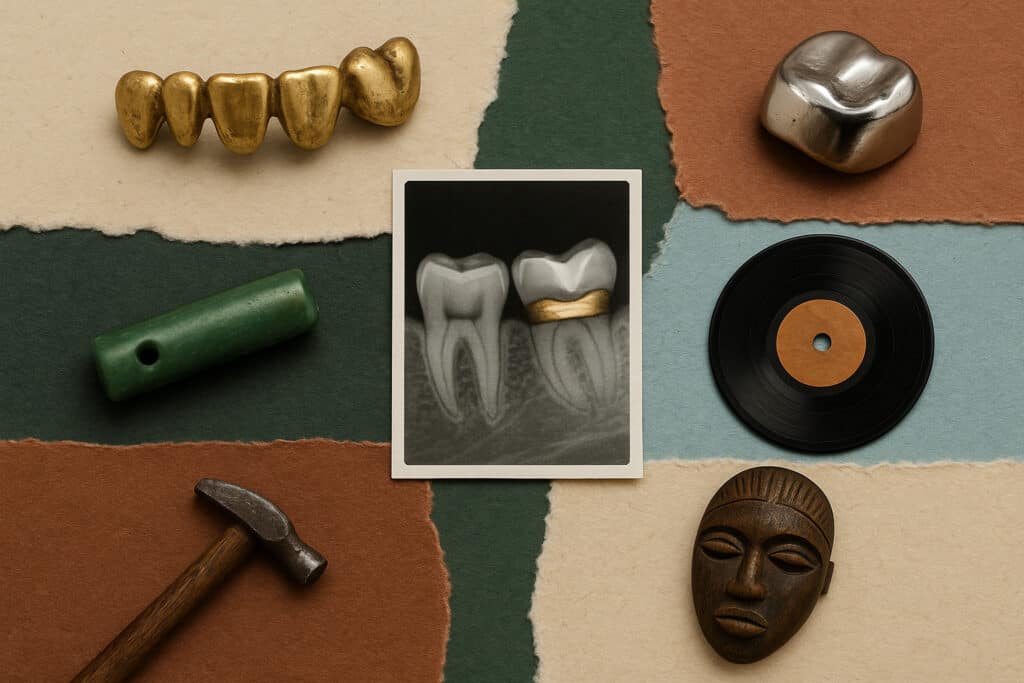 Gold bridge, crown, tooth X-ray, hammer.