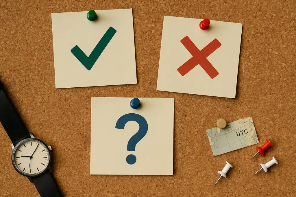 Corkboard with check, X, question icons.