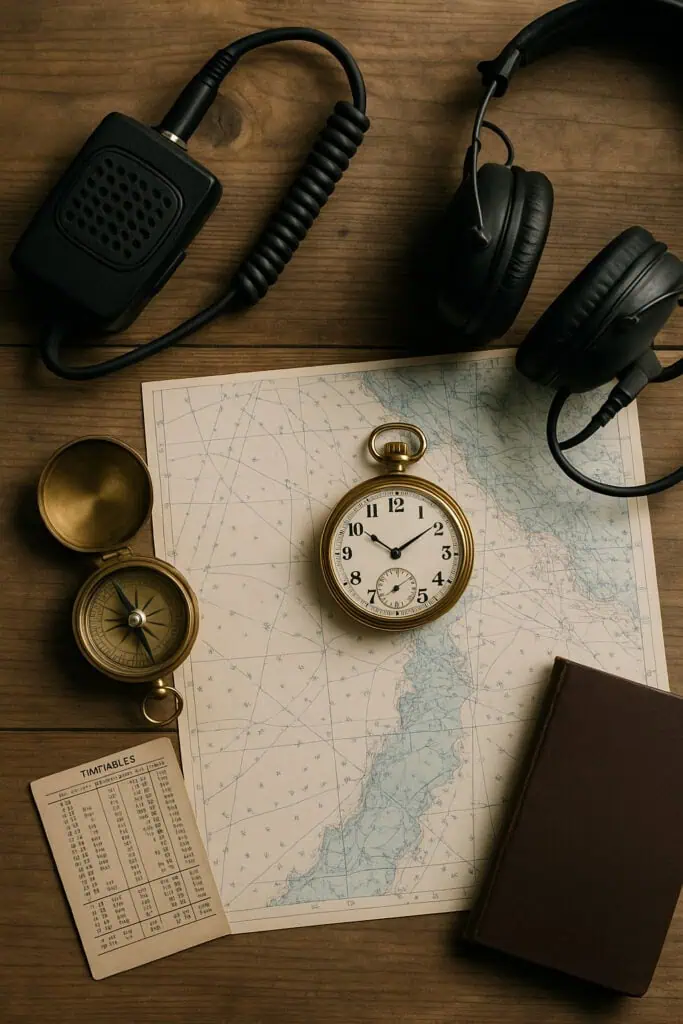 Vintage radio, map, and pocket watch.