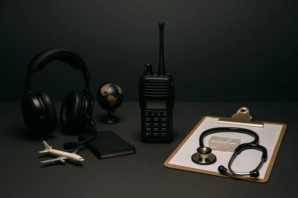 Headset, radio, stethoscope on desk.