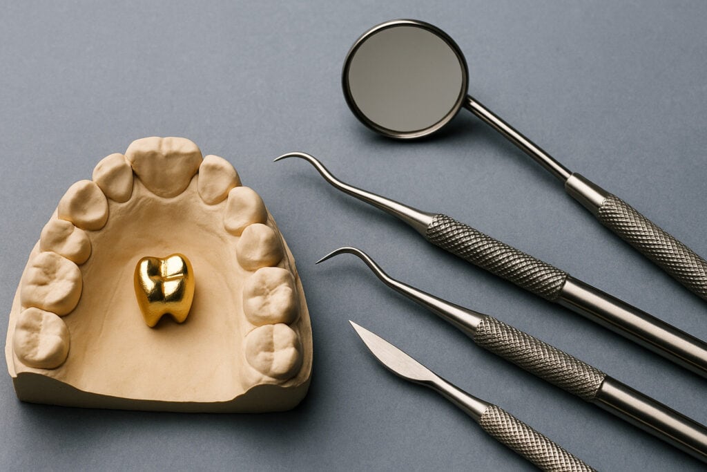 Gold crown on dental cast with tools.