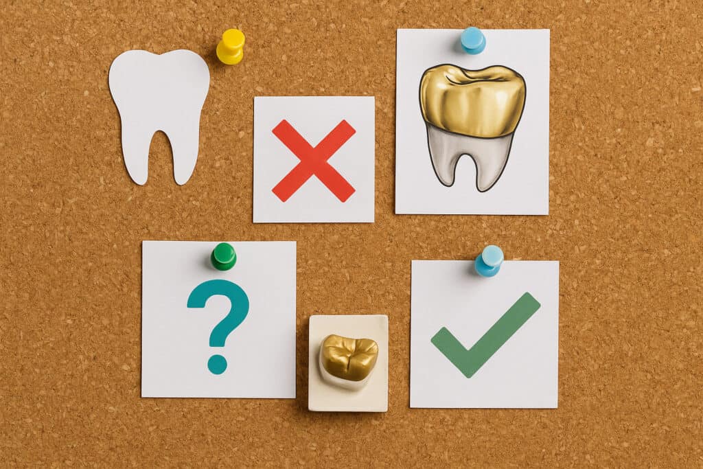 Corkboard with tooth, X, check, question cards.
