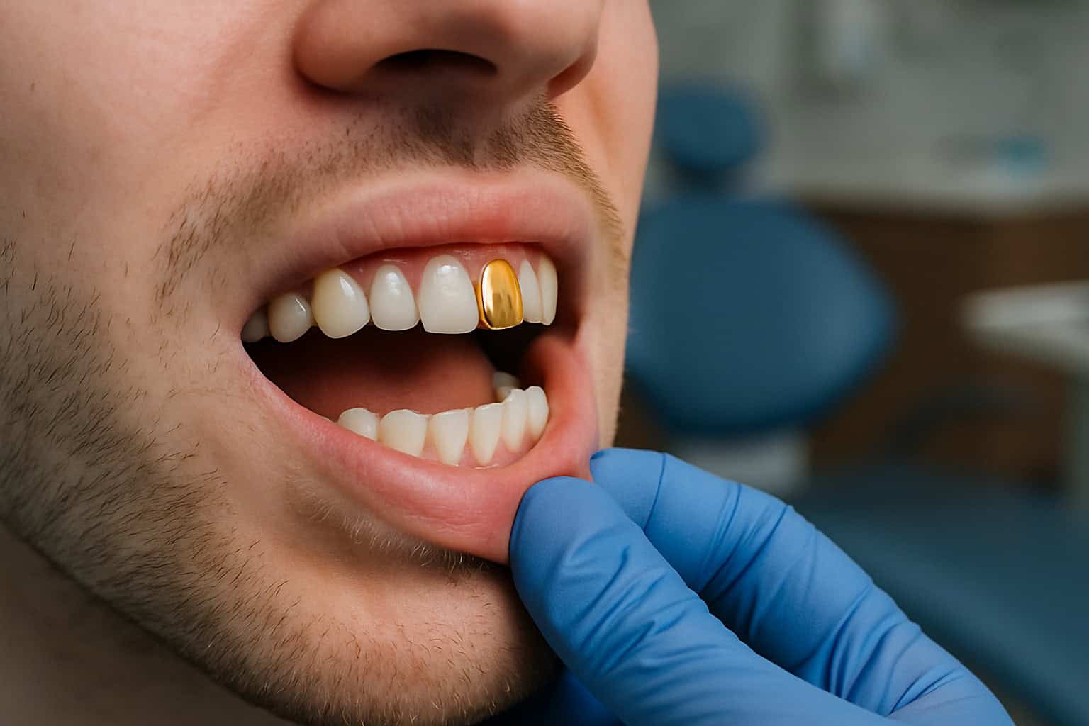 Open mouth showing gold crown.