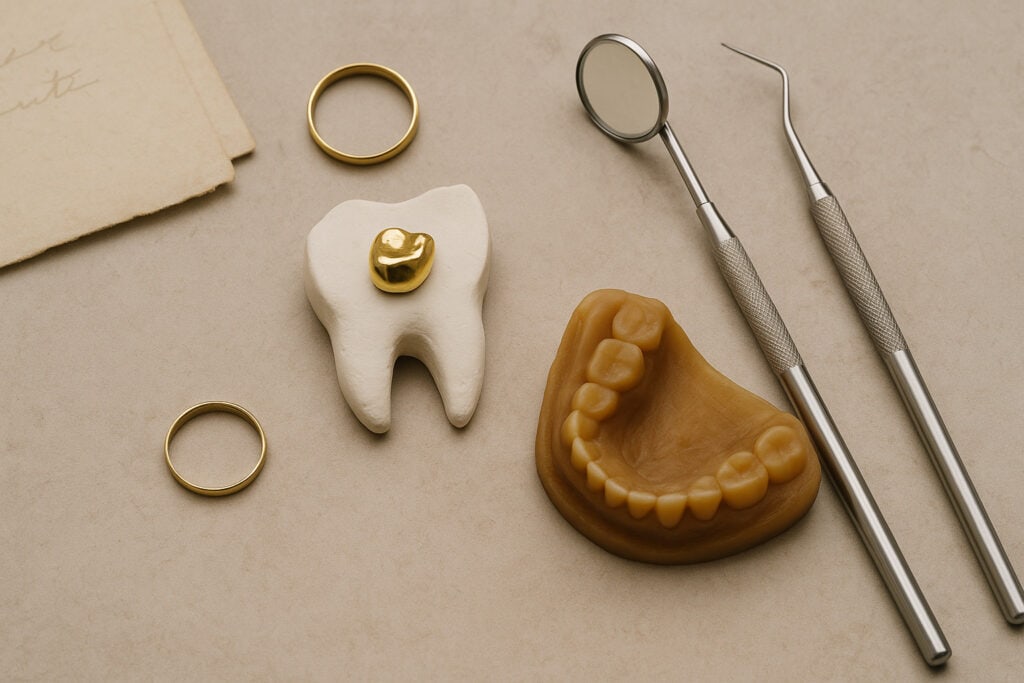 Gold crown, wax mold, dental tools