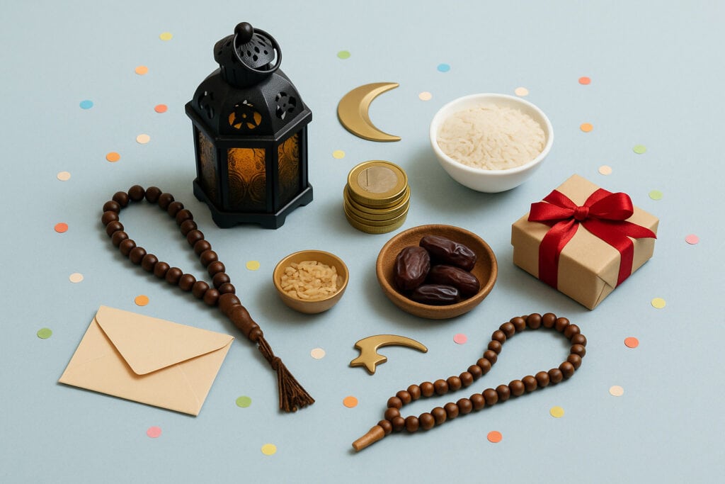 Lantern, coins, dates, rice, beads.