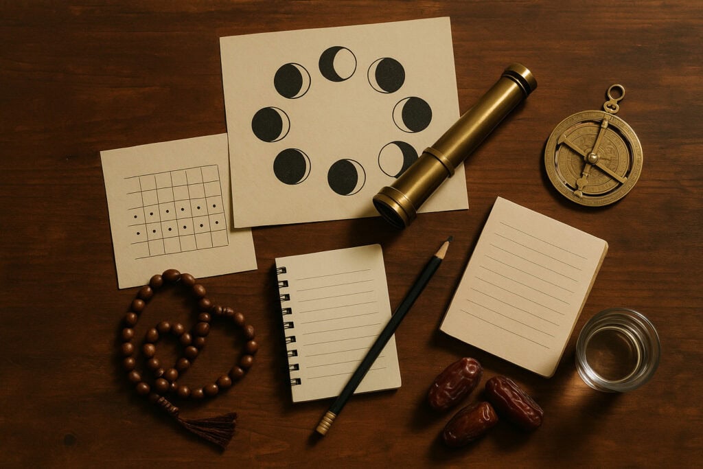 Brass telescope and moon phases board
