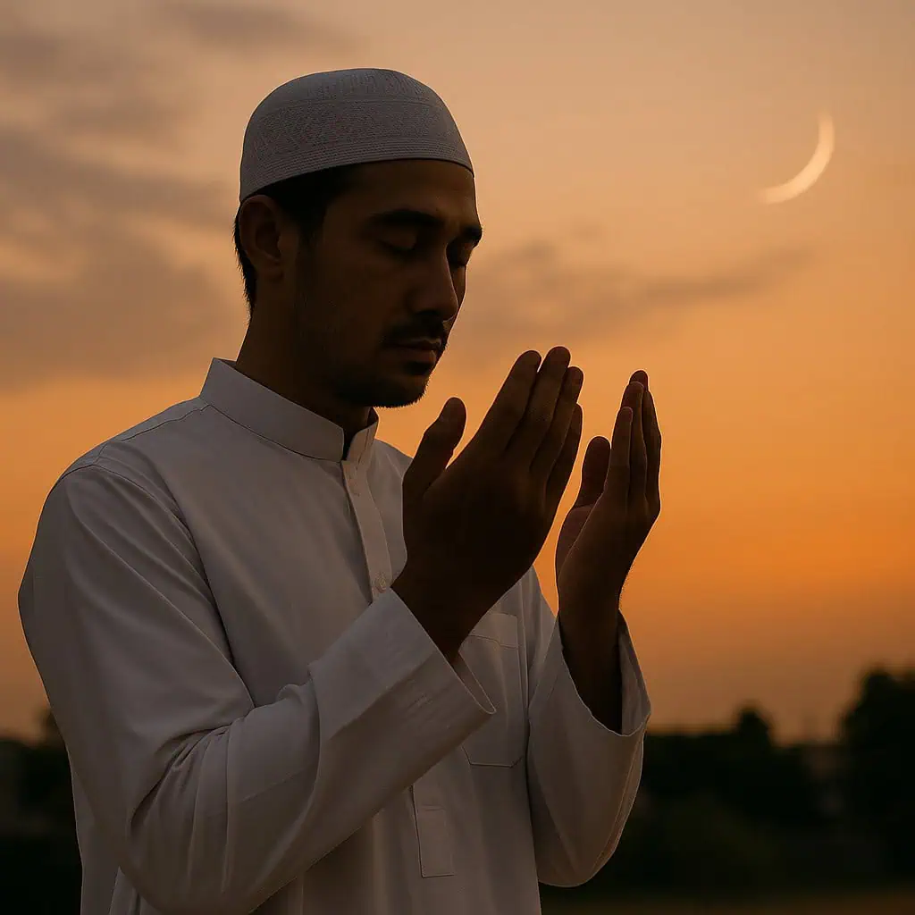 Man praying at sunset with crescent.