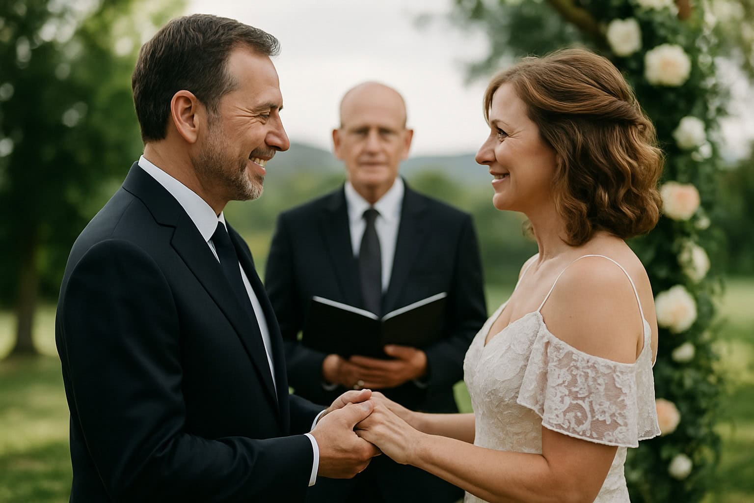 Middle-aged couple holding hands outdoors.