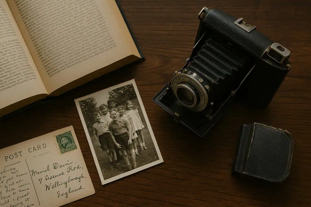 Bellows camera and black-and-white family photo