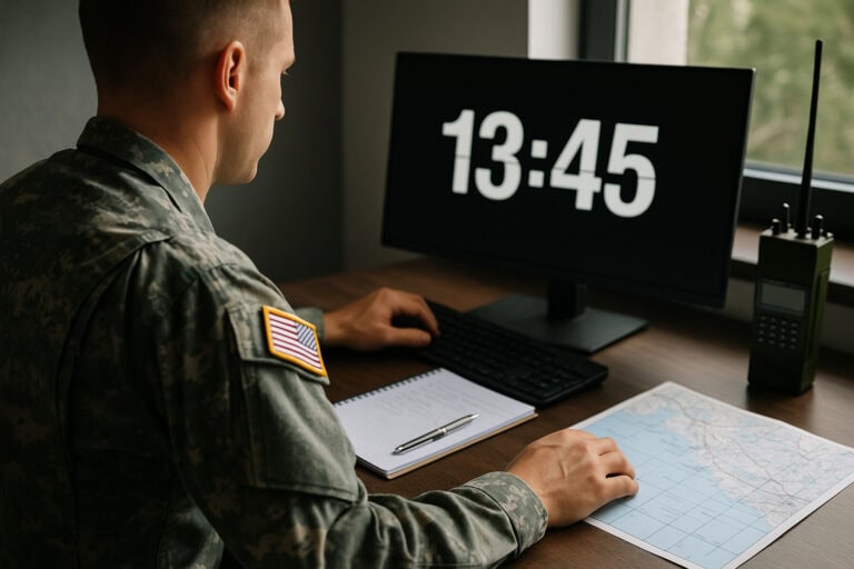 Army soldier, desktop monitor, map, radio.