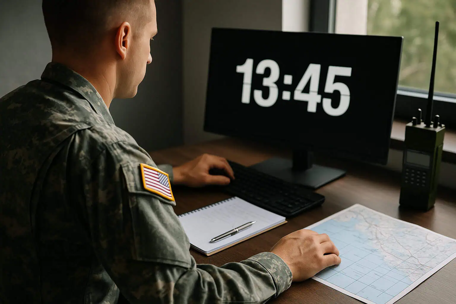 Army soldier, desktop monitor, map, radio.