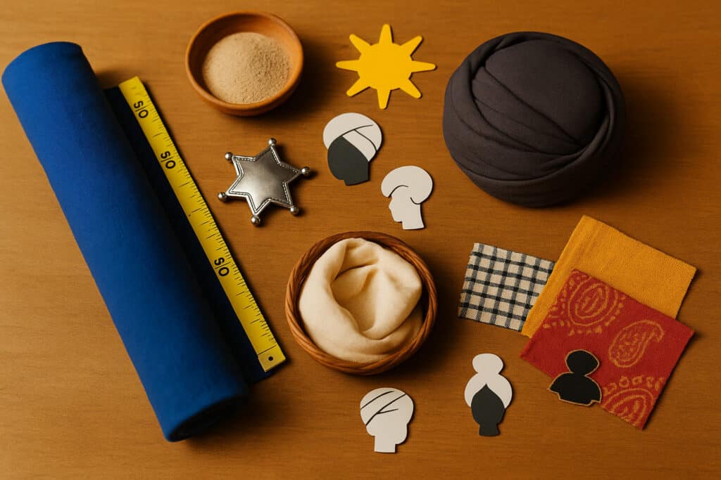 Turban fabrics, measuring tape, silver badge, scarf.