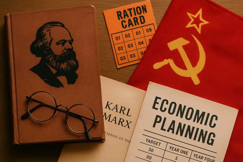 Marx book, ration card, planning papers