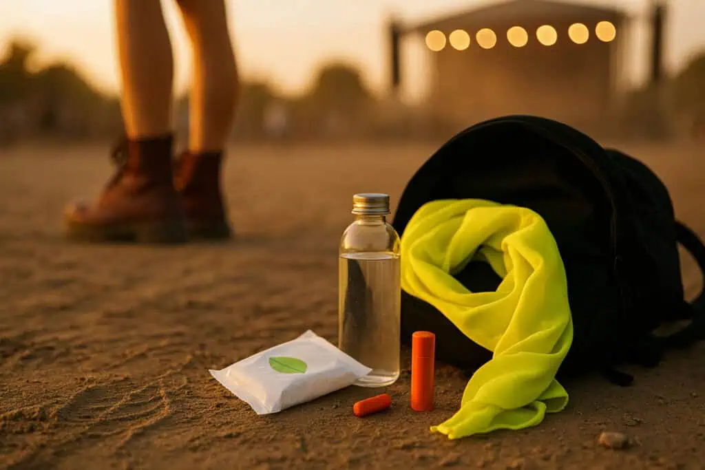 Neon scarf, wipes, lip balm, water bottle.